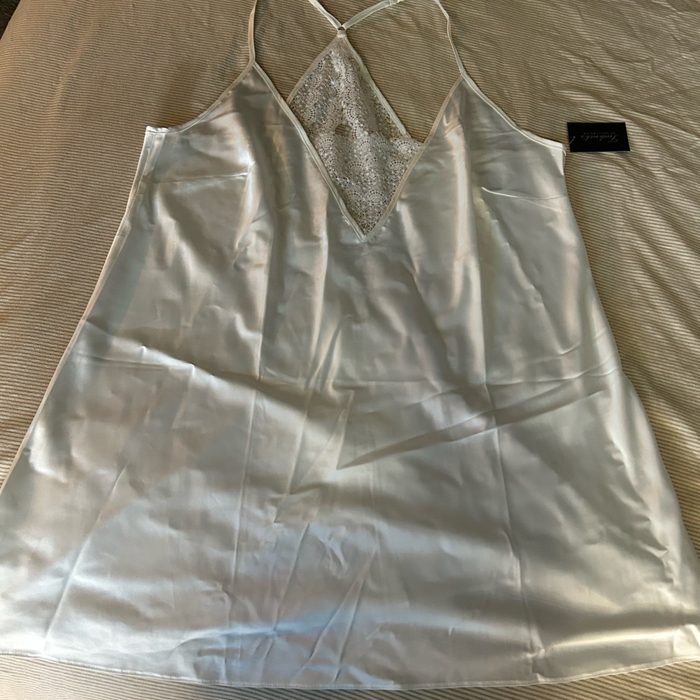 Frederick's of Hollywood Satin Chemise with Lace - White